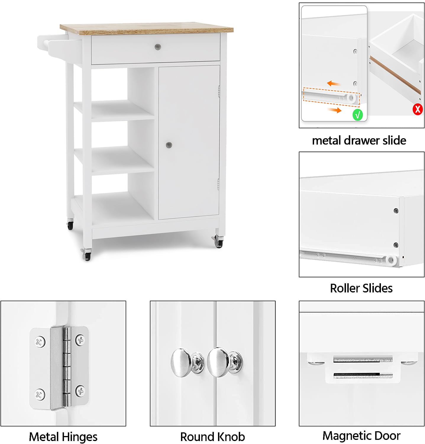 RASOO Kitchen Cart with Storage White Small Narrow Island Cart on Wheels Wood Top Storage Cabinet with Single Door and One Drawer Solid & 2 Open Shelves