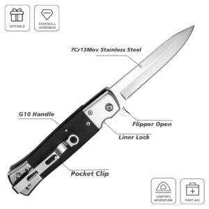 IKORES Pocket knife with G10 Handle, 3.5 inch Folding Knife with Pocket Clip and Nylon Sheath, Great Gift for Men and Women, Silver