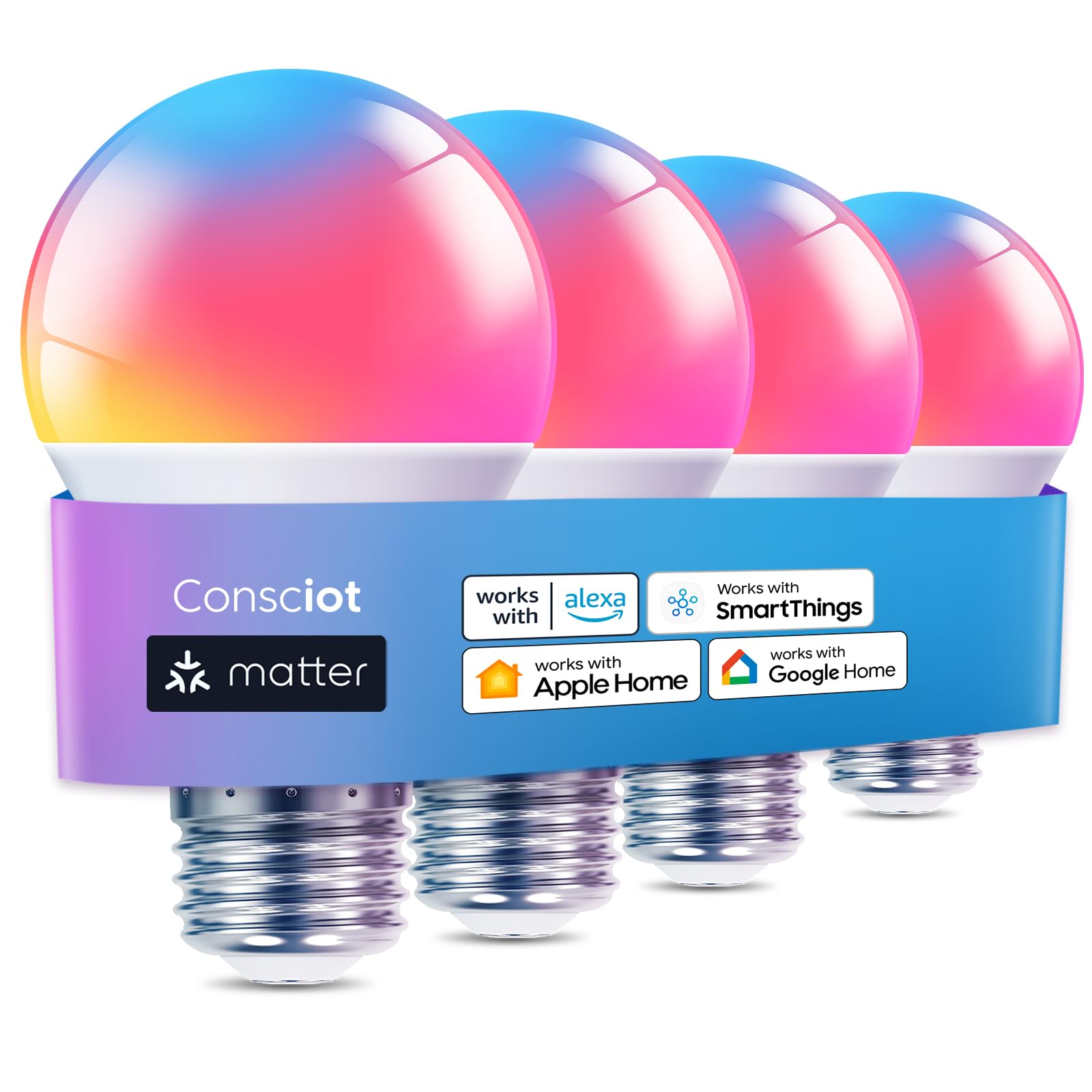 Consciot Smart Light Bulbs, A19 E26 Color Changing LED Bulbs, WiFi & Bluetooth, Matter-Certified, Works with Alexa, Google Home & Siri, No Hub Required, Music Sync, 800 Lumens 60W Equivalent, 4 Pack