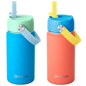 fimibuke kids insulated water bottle - 14oz bpa-free double wall vacuum tumbler 18/8 stainless steel leak proof kids cups with straw metal water bottle for school boys girls (2 pack, ocean life)