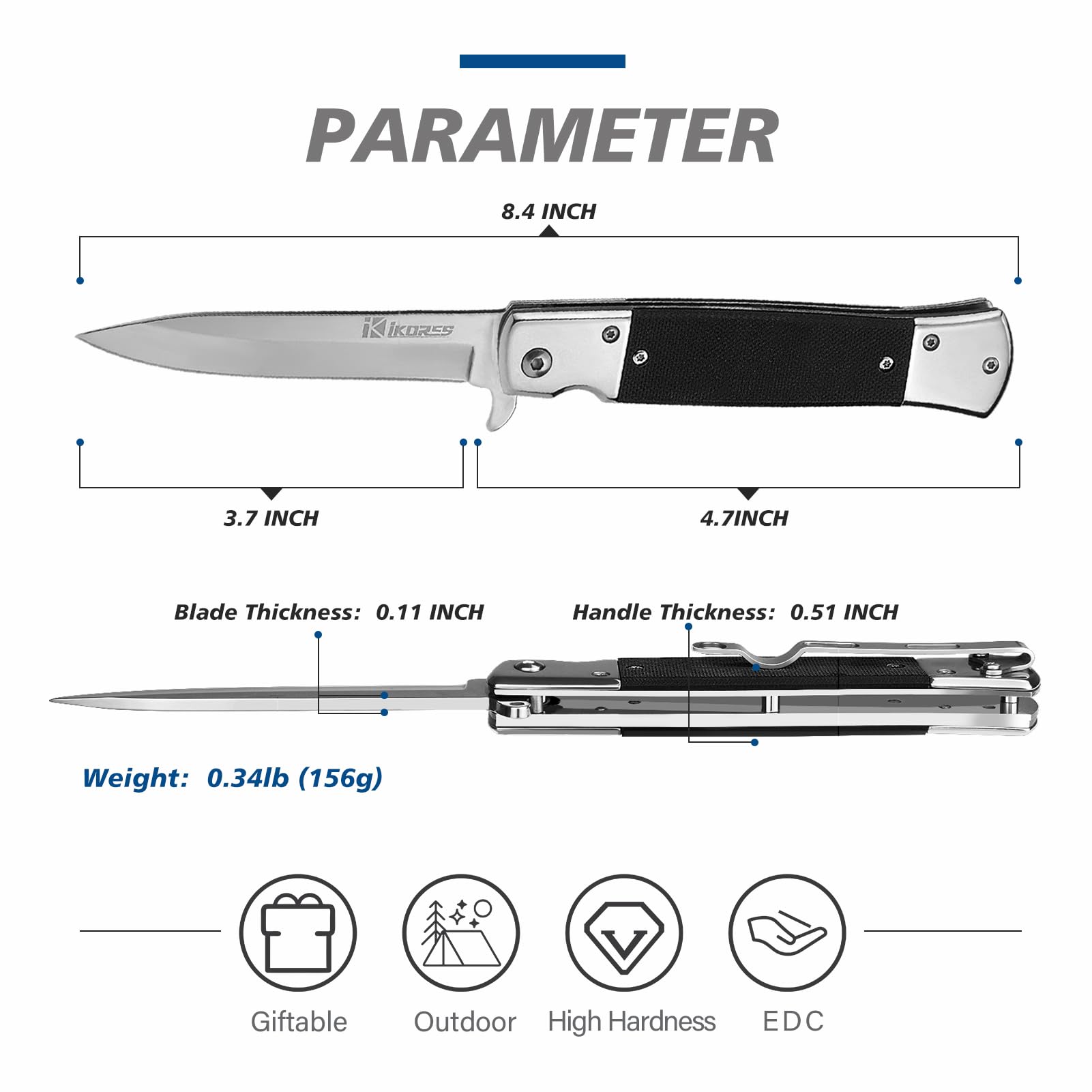 IKORES Pocket knife with G10 Handle, 3.5 inch Folding Knife with Pocket Clip and Nylon Sheath, Great Gift for Men and Women, Silver