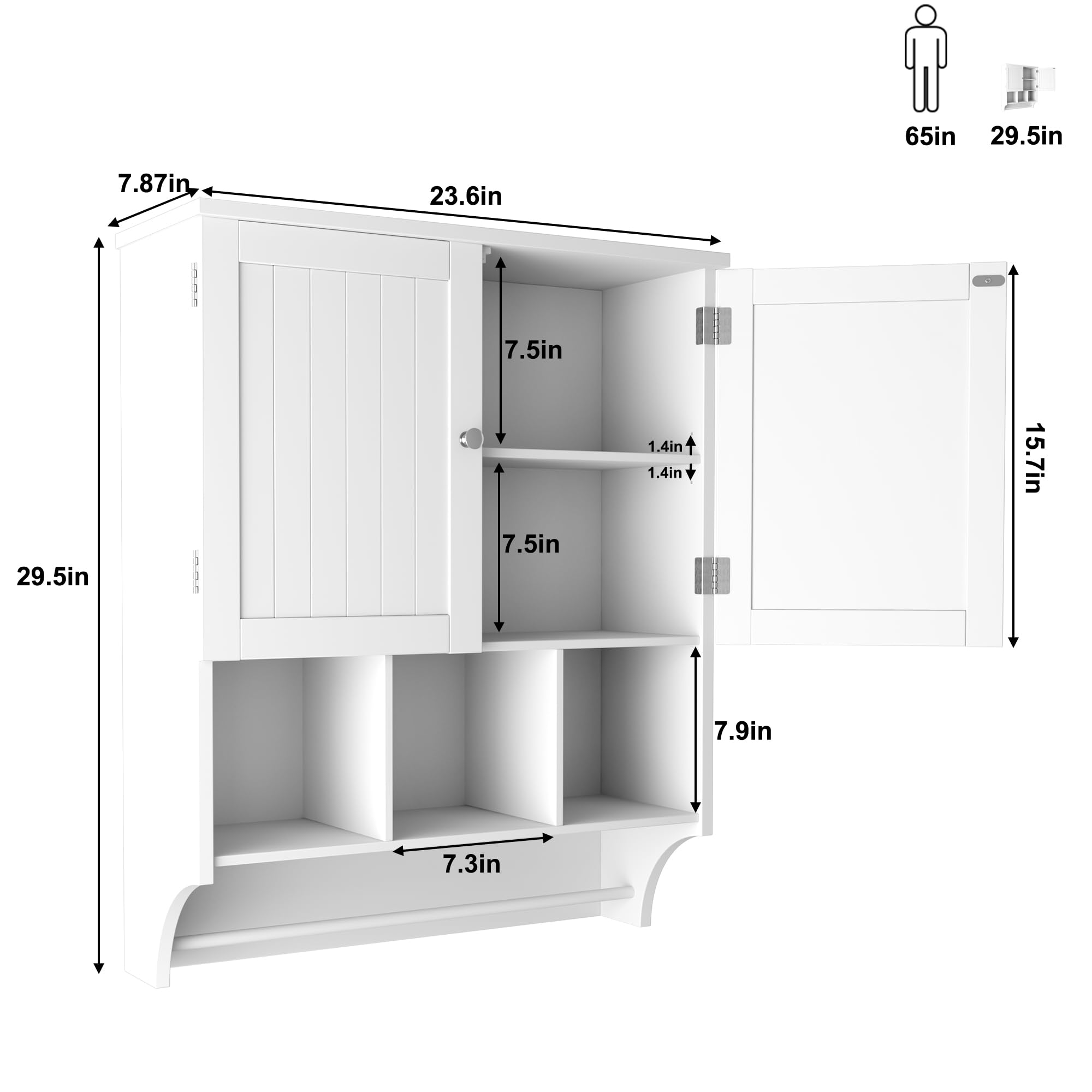 HOMEFORT Bathroom Wall Cabinet Medicine Cabinets Over The Toilet Storage Cabinet with Towels Bar 2 Door Adjustable Shelves Large Space for Bathroom Wall Mounted White