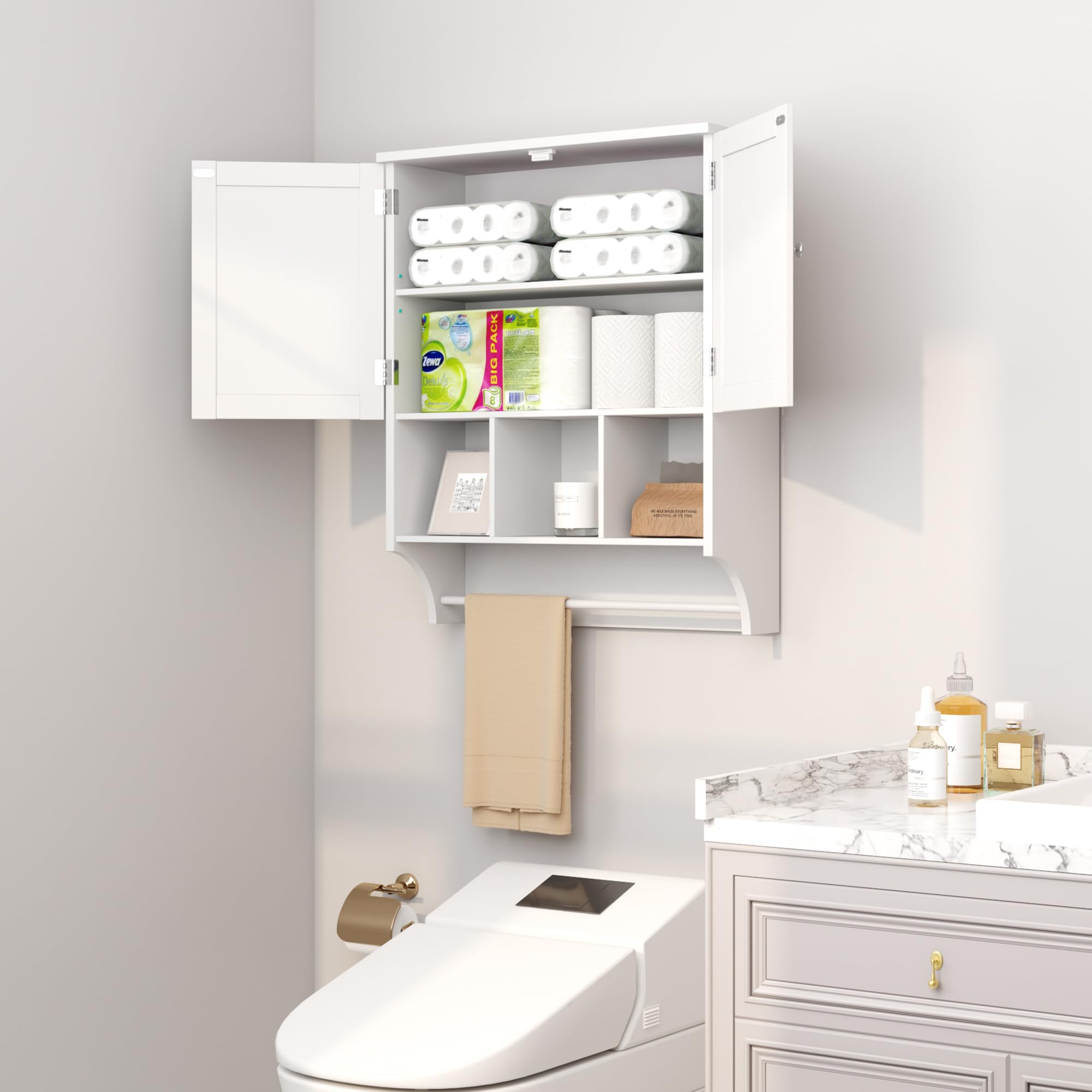 HOMEFORT Bathroom Wall Cabinet Medicine Cabinets Over The Toilet Storage Cabinet with Towels Bar 2 Door Adjustable Shelves Large Space for Bathroom Wall Mounted White