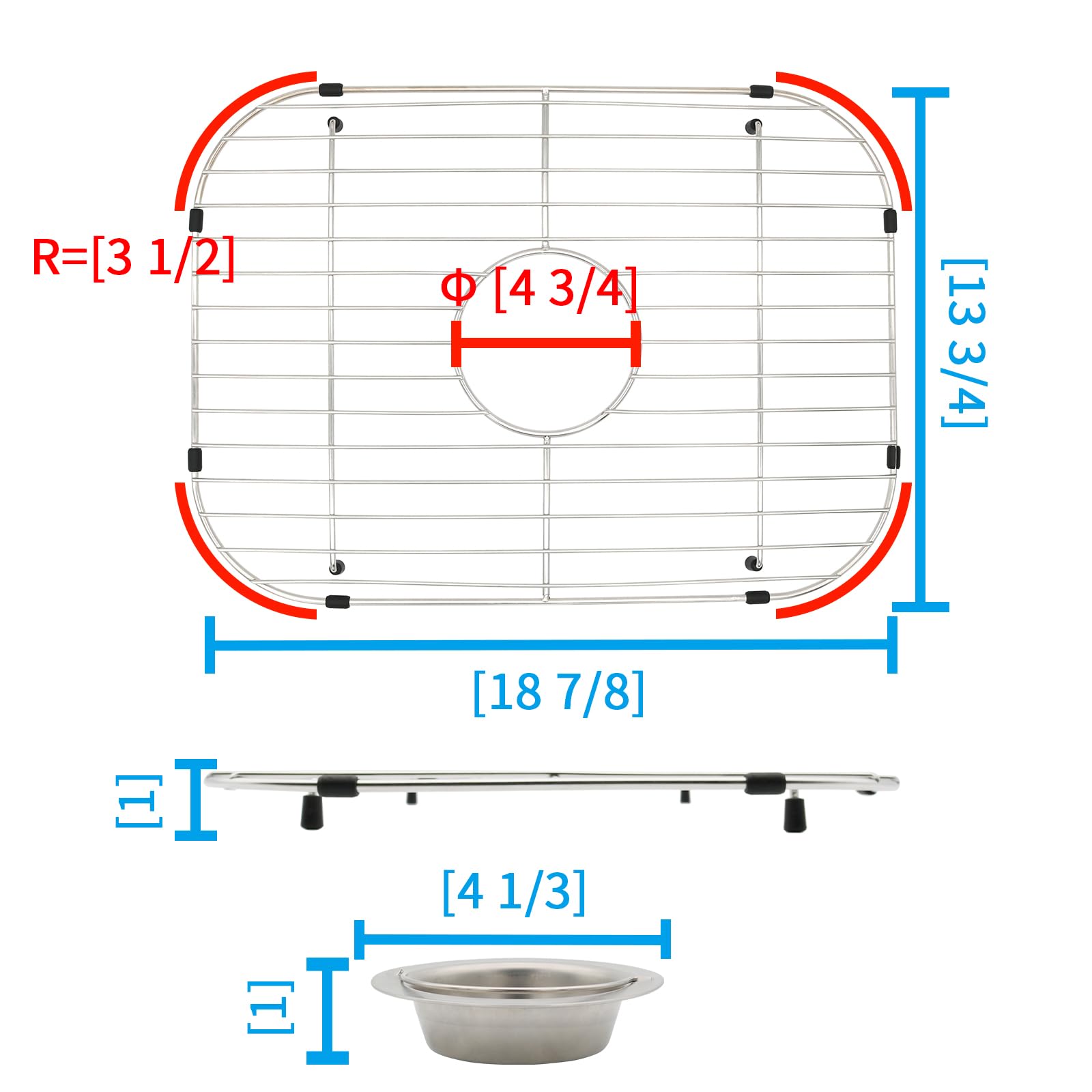 YORZSDI Protectors for Kitchen Sink, 18-7/8" x 13-3/4" Stainless Steel Sink Grid with Center Drain, Sink Bottom Grid Grates for Kitchen Sink Accessories with Sink Strainer and Protective Rubber Feet