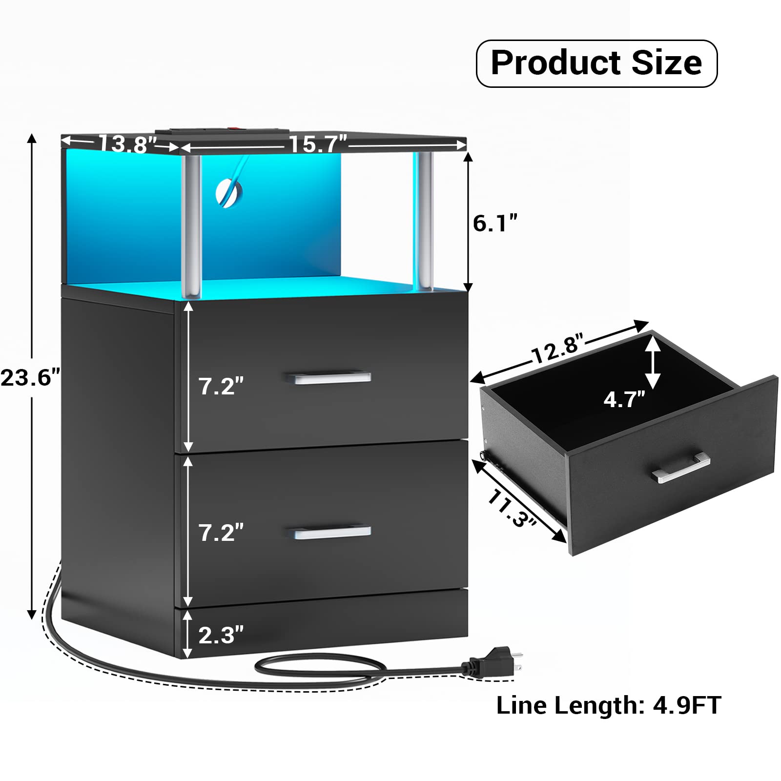 AOGLLATI Nightstand with Charging Station and LED Lights, Night Stand with Open Storage, Bedside Table with Drawers, 2 USB Ports, 2 Outlets, Modern End Side Table for Bedroom,White