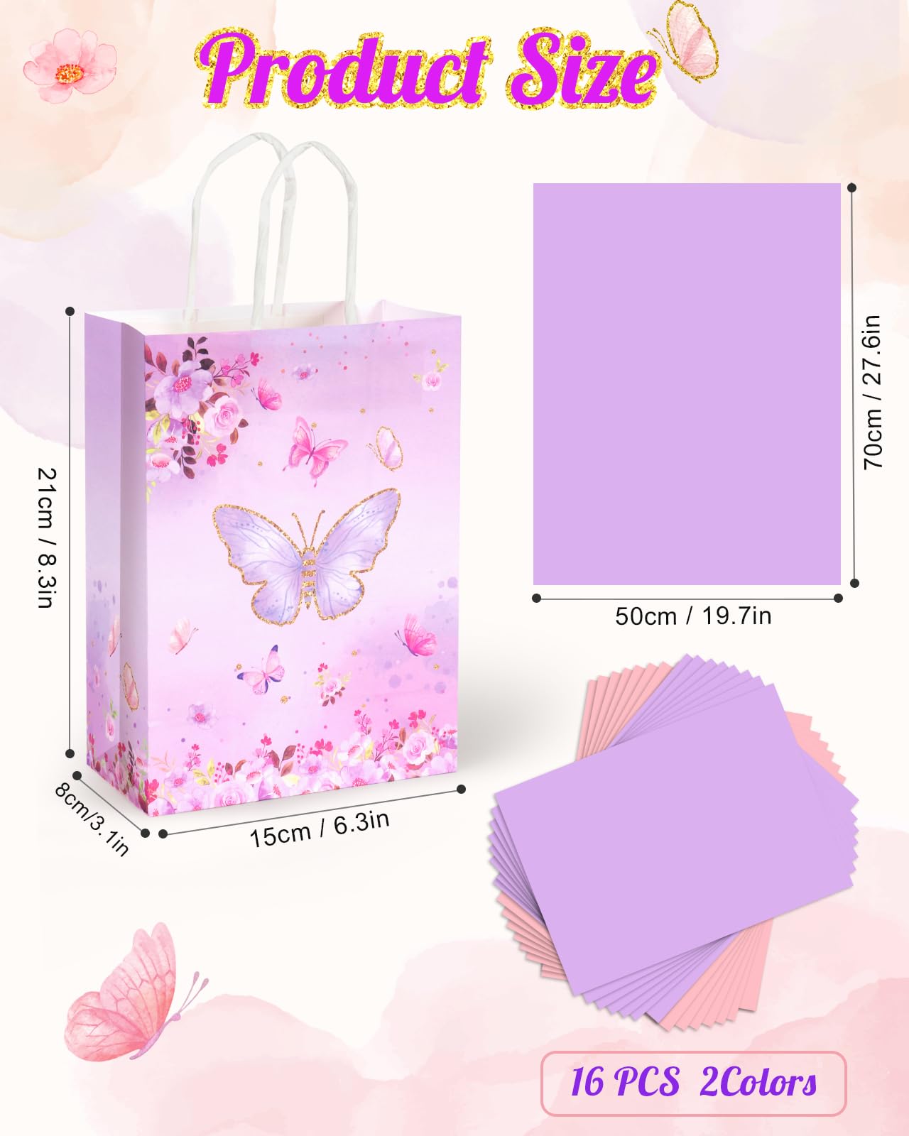 LWBDD 16 Pcs Butterfly Party Favors Gift Bags Goodie Bags, Pink Purple Treat Candy Bags; small size Paper Bags with Handles & Tissue Paper for Girls Butterfly Birthday Party Supplies Baby Shower