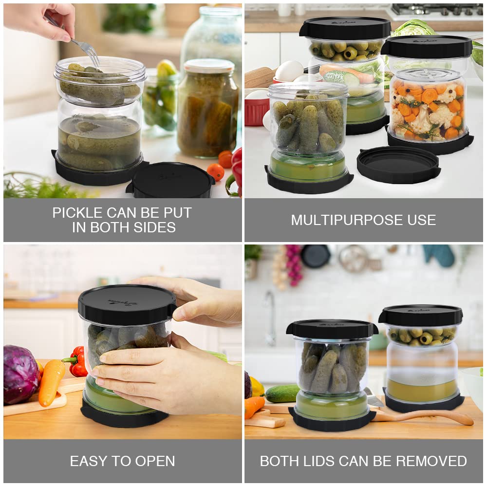 SOPHICO Pickle and Olives Jar Container with Strainer Flip, Leak-proof Juice Separator Hourglass Food Saver Storage Container (Transparent Black)