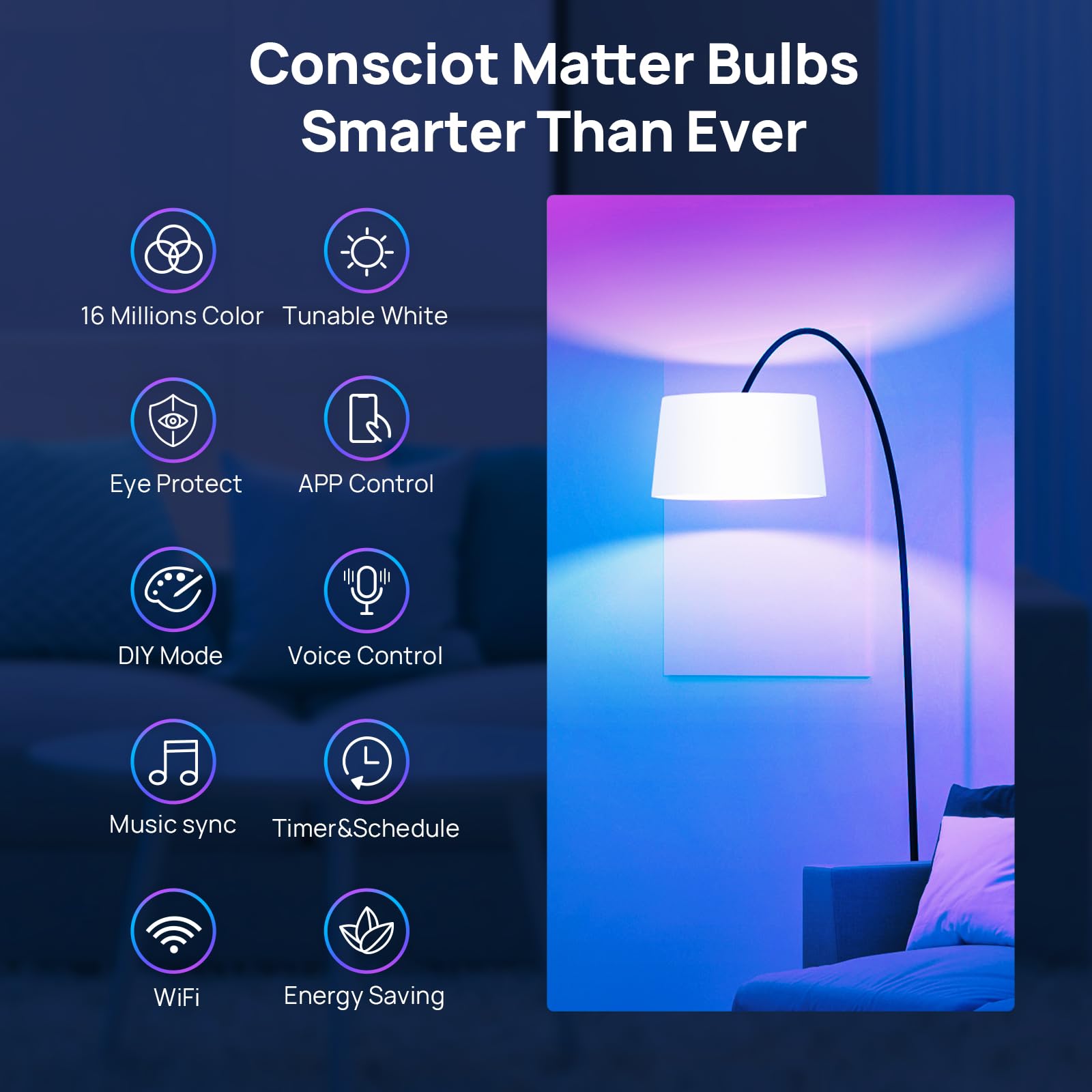 Consciot Smart Light Bulbs, A19 E26 Color Changing LED Bulbs, WiFi & Bluetooth, Matter-Certified, Works with Alexa, Google Home & Siri, No Hub Required, Music Sync, 800 Lumens 60W Equivalent, 4 Pack