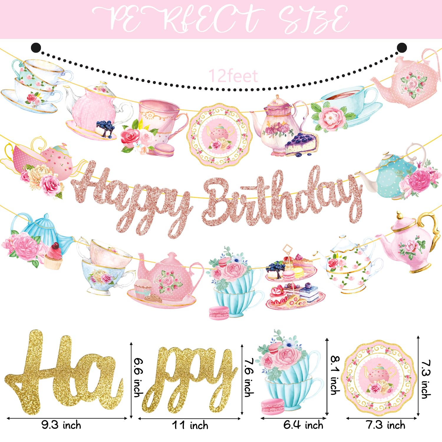 Tea Party Birthday Banner Rose Gold Tea Themed Happy Birthday Banners Floral Tea Birthday Party Decoration Teapot Cutout Banner for Afternoon Tea Baby Shower Supplies