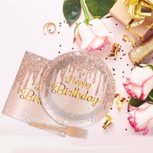 96 Pieces Happy Birthday Tableware Set for Pink Rose Gold Birthday Table Decorations Supplies Rose Gold Birthday Dessert Plates Napkins Forks for Women 24 Guests Birthday Disposable Party Favors