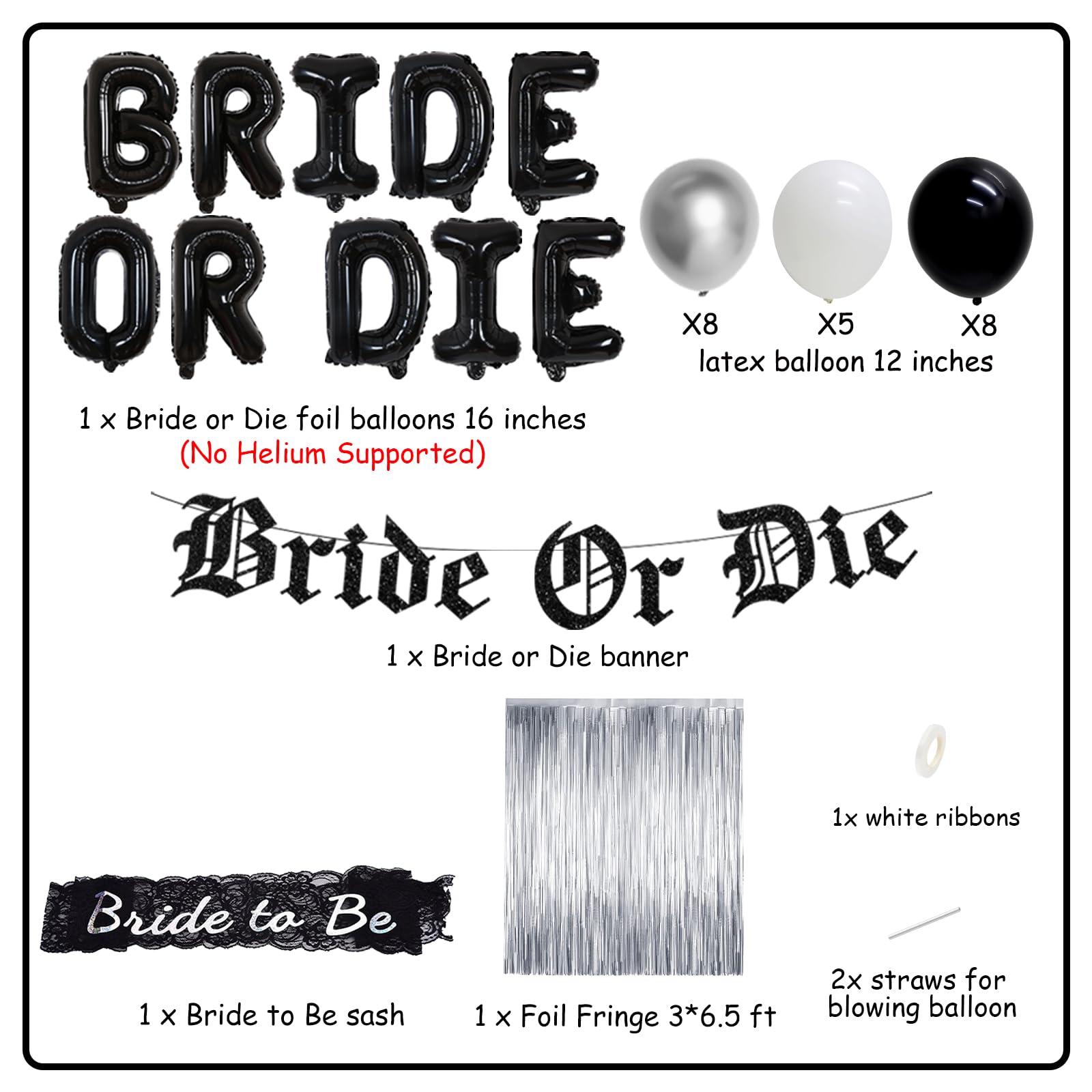 Bride or Die Bachelorette Party Decorations Black and Silver Gothic Bridal Shower Decorations Bride to Be Sash Banner Foil Fringe Balloons for Hen Engagement Wedding Party Supplies