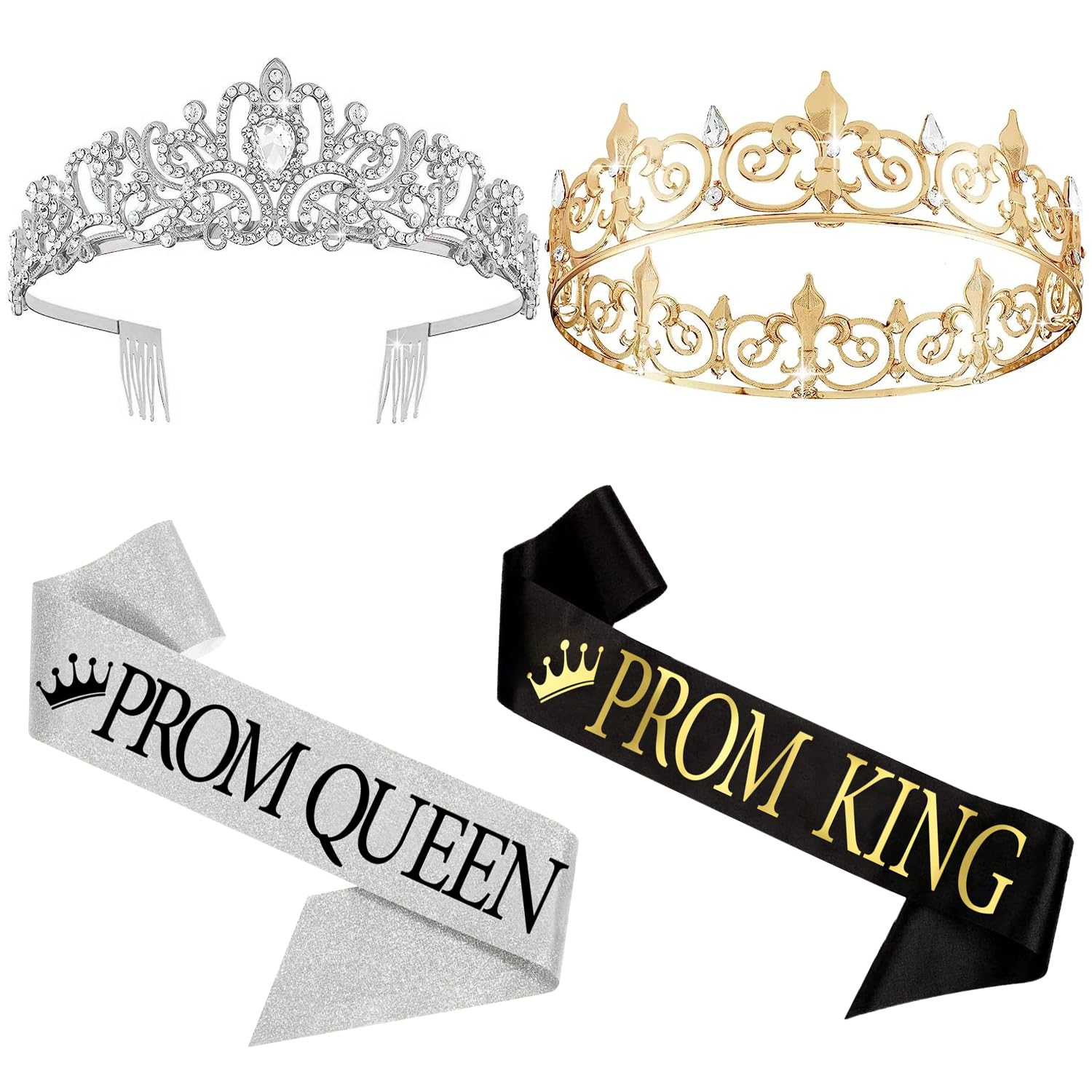 4 Pcs Prom King and Queen Crown Set with Sashes Prom King and Queen Sashes Suit Shiny Satin Prom Crowns Tiara Sash for Prom Birthday Wedding School Graduate Party Favors