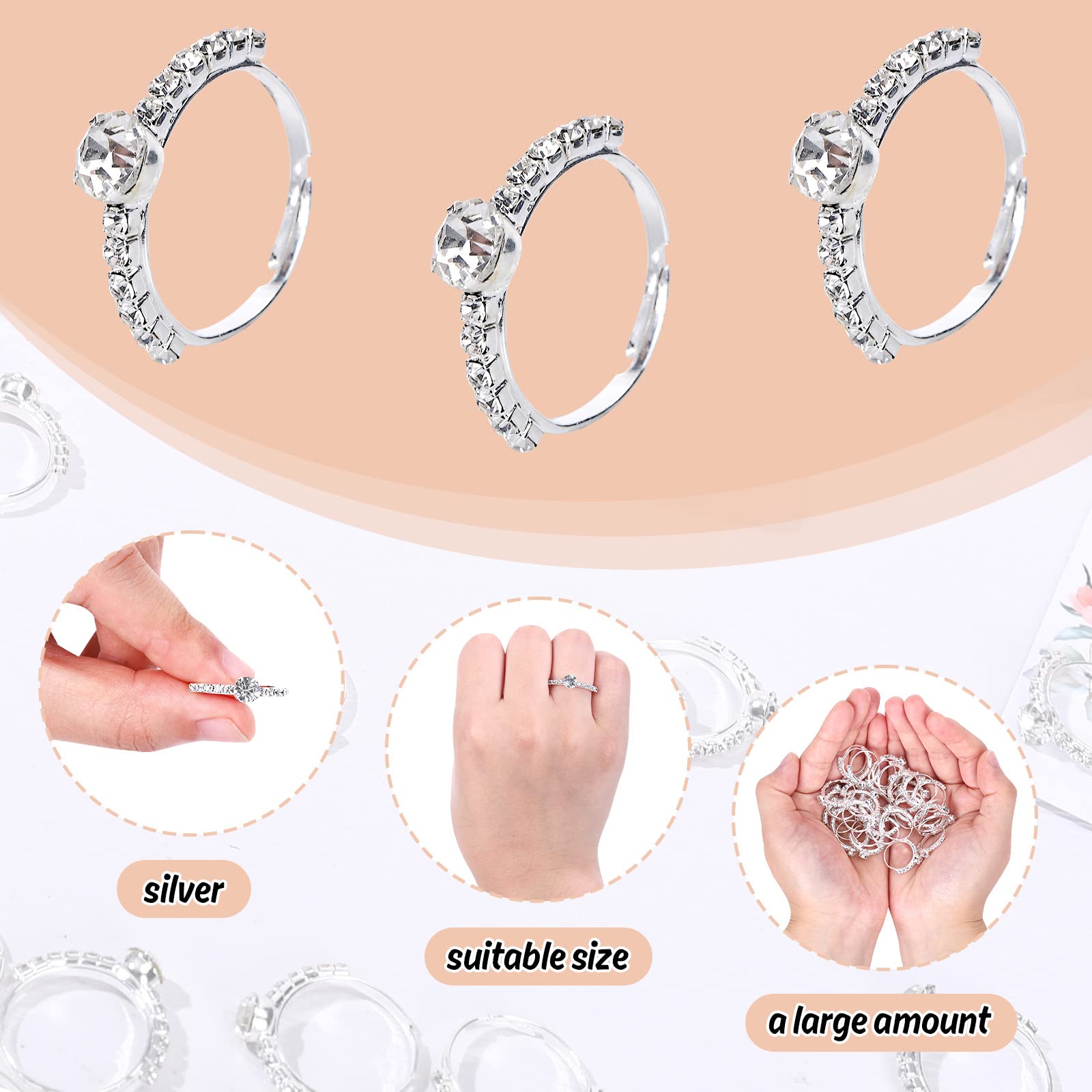 Whaline 32 Pack Silver Bridal Shower Diamond Ring Fake Diamond Engagement Rings Artificial Adjustable Ring for Wedding Table Decoration Party Supplies Favor Accents Cupcake Toppers