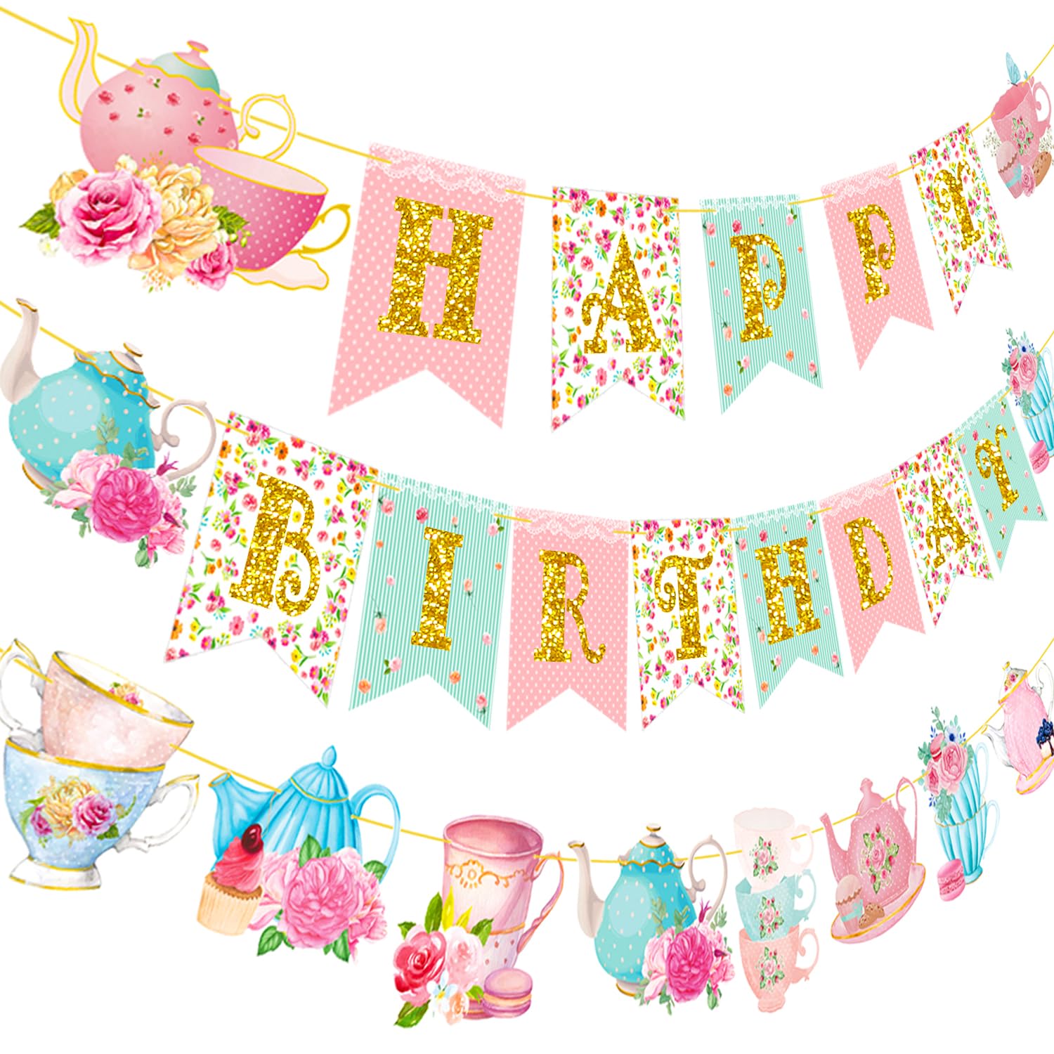 Floral Tea Happy Birthday Party Banner Tea Party Hanging Decorations 3Pcs Tea Cutout Banners Teapot Banners for Afternoon Tea Time Theme Baby Shower Supplies