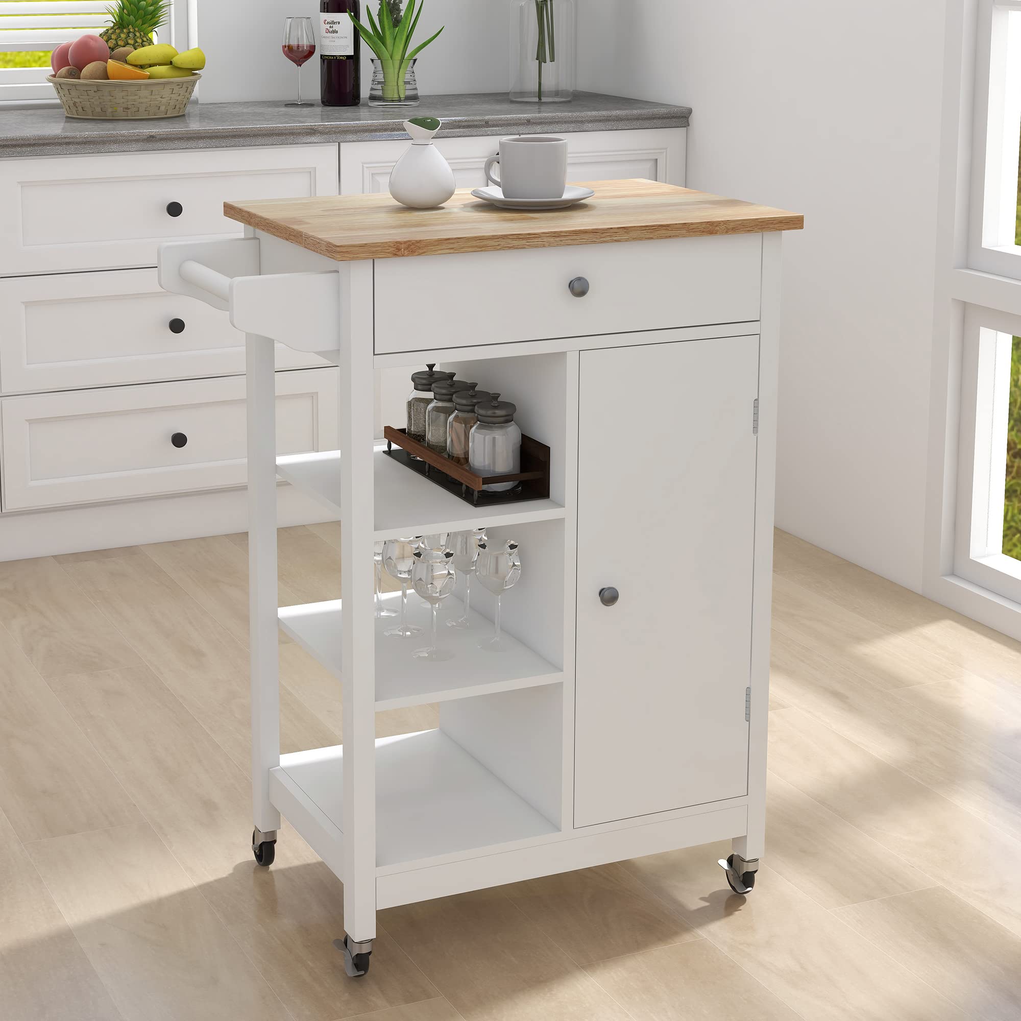 RASOO Kitchen Cart with Storage White Small Narrow Island Cart on Wheels Wood Top Storage Cabinet with Single Door and One Drawer Solid & 2 Open Shelves