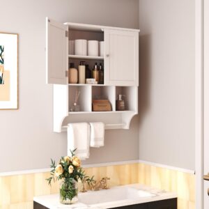 HOMEFORT Bathroom Wall Cabinet Medicine Cabinets Over The Toilet Storage Cabinet with Towels Bar 2 Door Adjustable Shelves Large Space for Bathroom Wall Mounted White