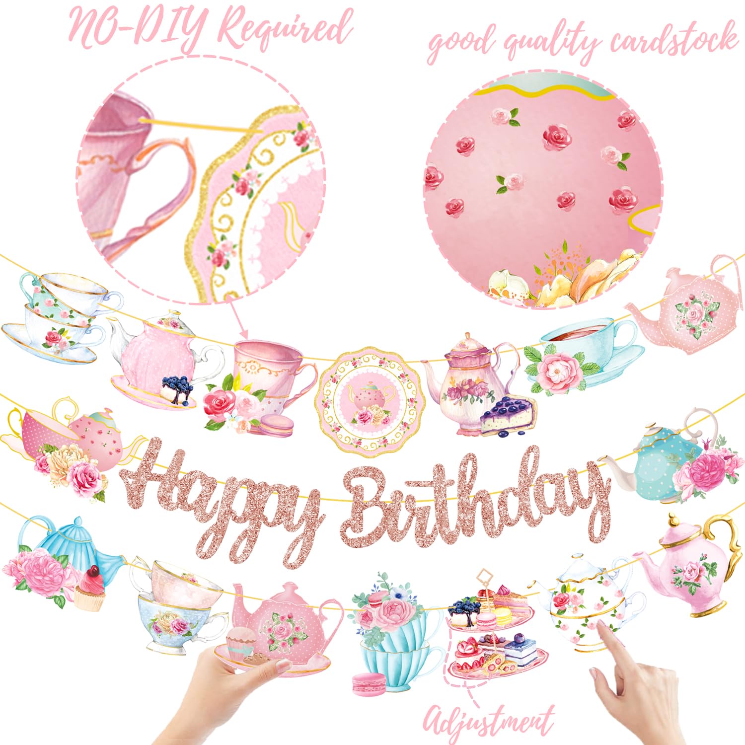 Tea Party Birthday Banner Rose Gold Tea Themed Happy Birthday Banners Floral Tea Birthday Party Decoration Teapot Cutout Banner for Afternoon Tea Baby Shower Supplies