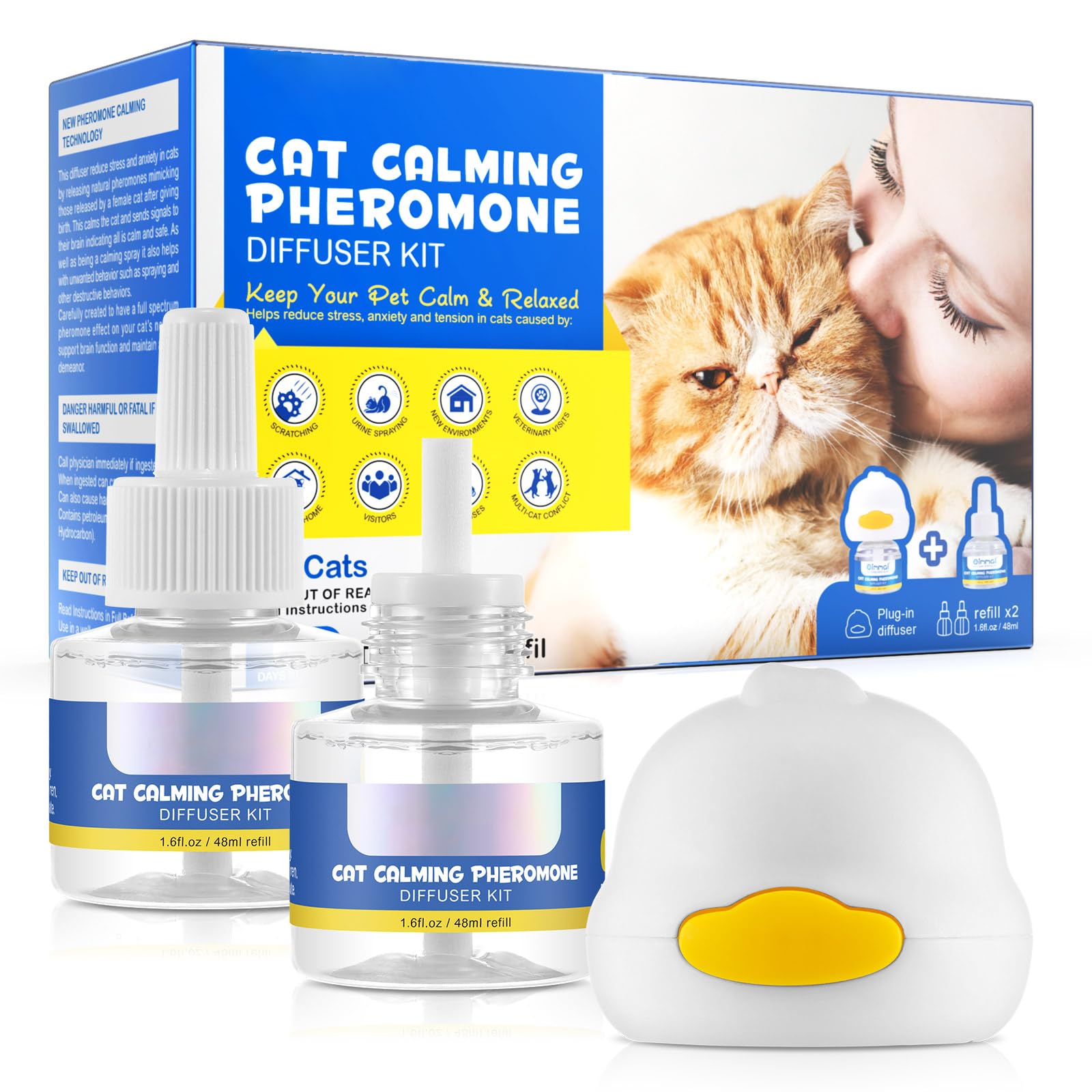 FRDUGA Cat Calming Pheromone Diffuser，Enhanced Cat Calming Diffuser Kit for Cat Anxiety Relief, 2 in 1 Cat Calming Starter Kit (Diffuser Head + 48ml Vial) for 30 Days Use (2 Packs)