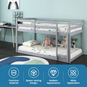 KOMFOTT Low Bunk Bed Twin Over Twin, Solid Wood Bunk Bed Frame with Built-in Ladder & Safety Guardrails, Space-Saving Low Bunk Bed for Kids, Teens, No Box Spring Needed