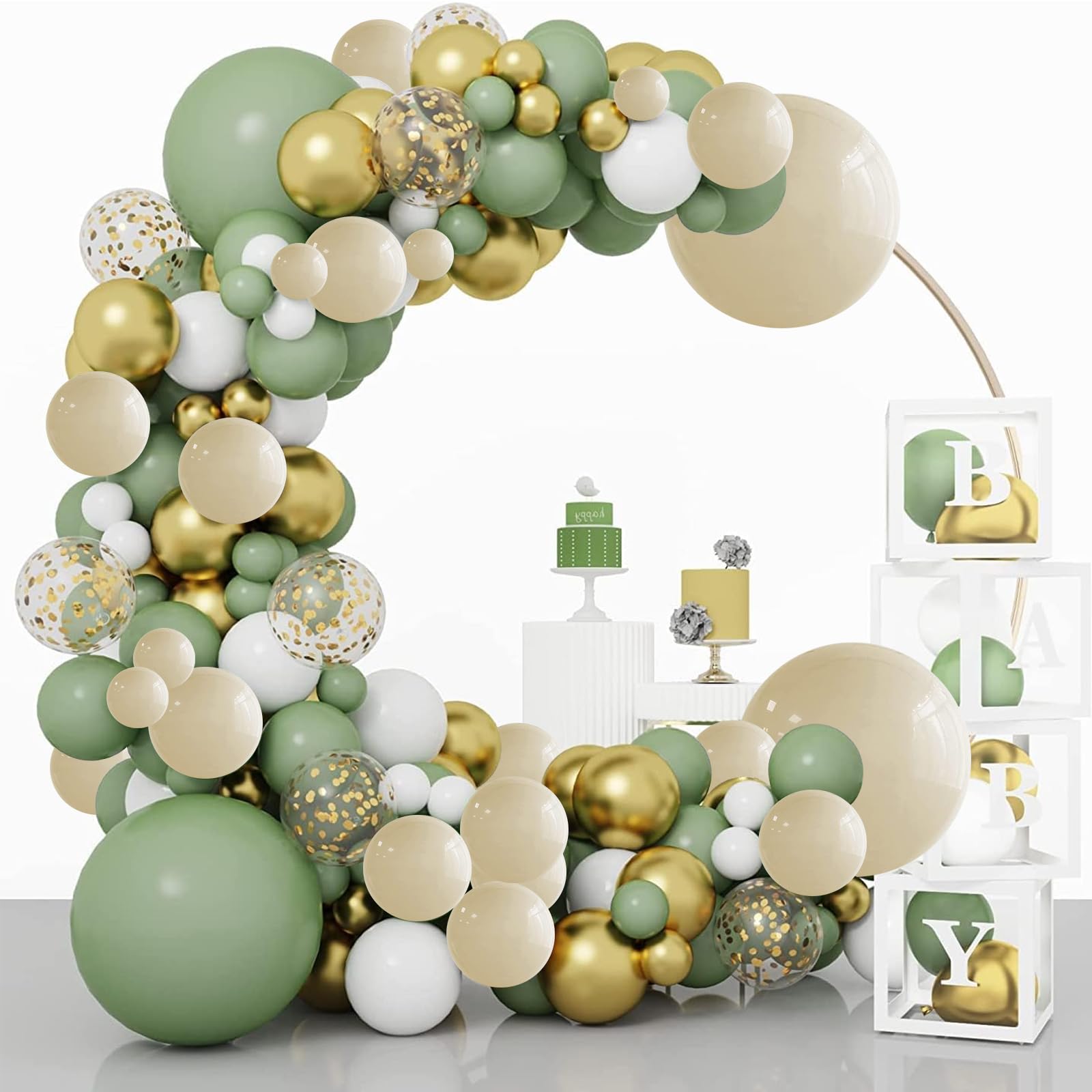 Sage Balloon Garland Arch Kit,134 pcs Sage Green Sand White Metallic Gold Matte White Confetti Latex Balloons for Baby Shower Bridal Shower Bachelor Party Wedding Birthday Party Decorations…