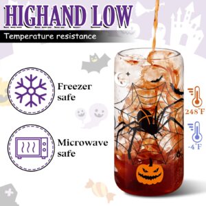 Umigy 8 Pcs 16oz Halloween Glass Tumbler Halloween Iced Coffee Cup with Bamboo Lids and Glass Straw Halloween Party Gift Spooky Pumpkin Bat Mason Glass Cup Cute Ghost Skull Glass Cup