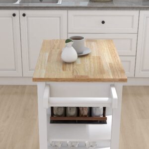 RASOO Kitchen Cart with Storage White Small Narrow Island Cart on Wheels Wood Top Storage Cabinet with Single Door and One Drawer Solid & 2 Open Shelves