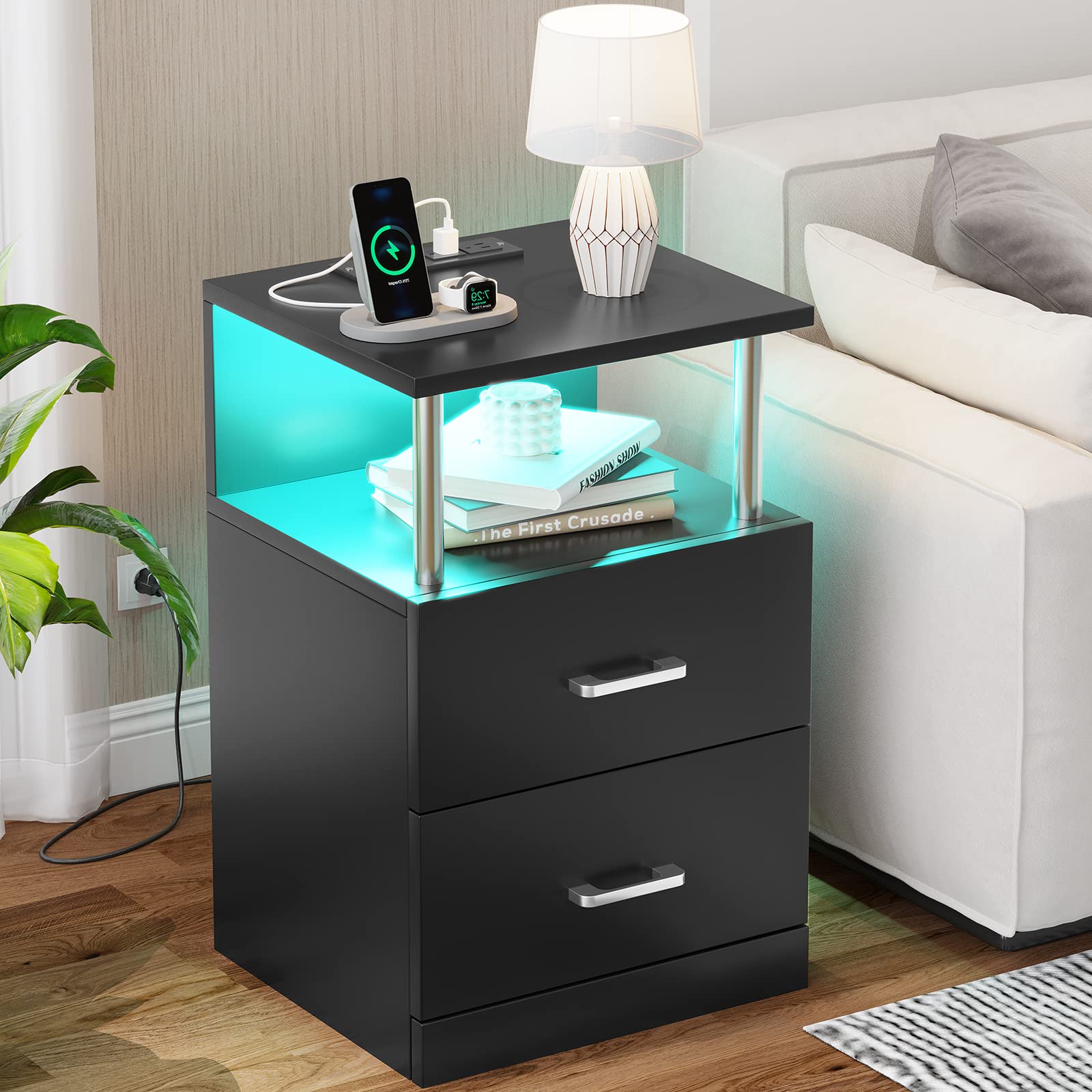 AOGLLATI Nightstand with Charging Station and LED Lights, Night Stand with Open Storage, Bedside Table with Drawers, 2 USB Ports, 2 Outlets, Modern End Side Table for Bedroom,White