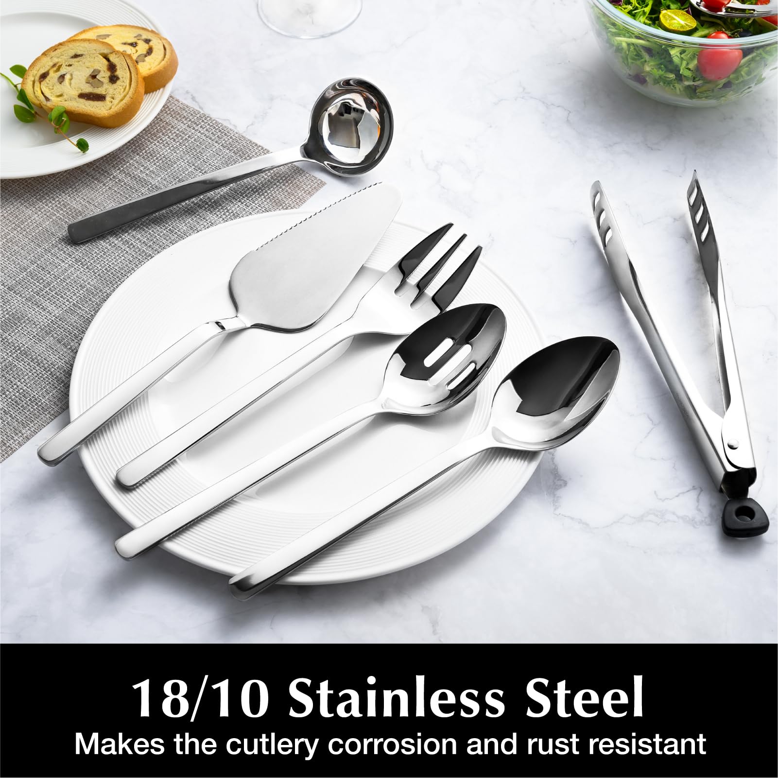 KINGSTONE Large Hostess Serving Utensils Sets,18/10 Stainless Steel Heavy Duty 10inch Serving Spoons,Slotted Spoons,Serving Fork,Serving Tongs, Cake Pie Server For Buffet, Wedding, Party