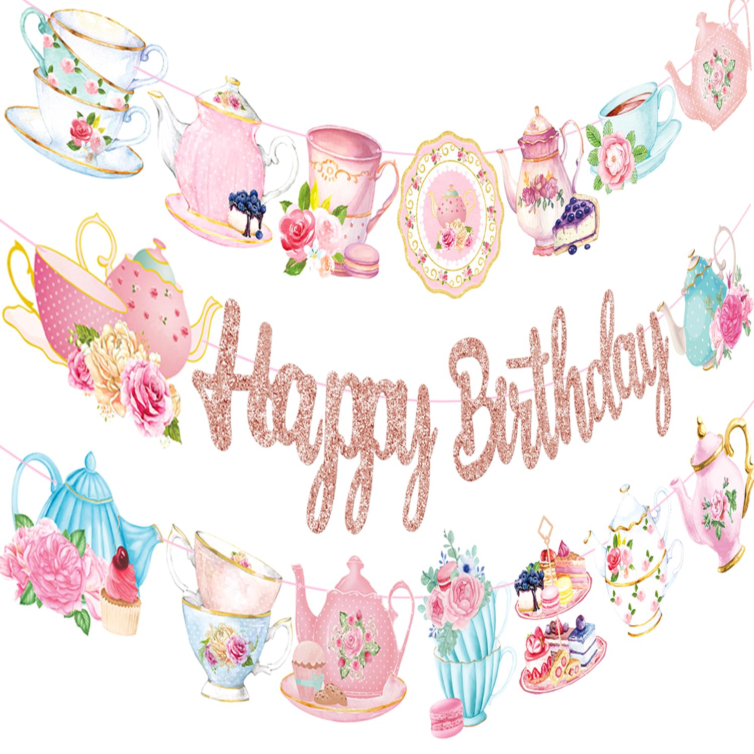 Tea Party Birthday Banner Rose Gold Tea Themed Happy Birthday Banners Floral Tea Birthday Party Decoration Teapot Cutout Banner for Afternoon Tea Baby Shower Supplies