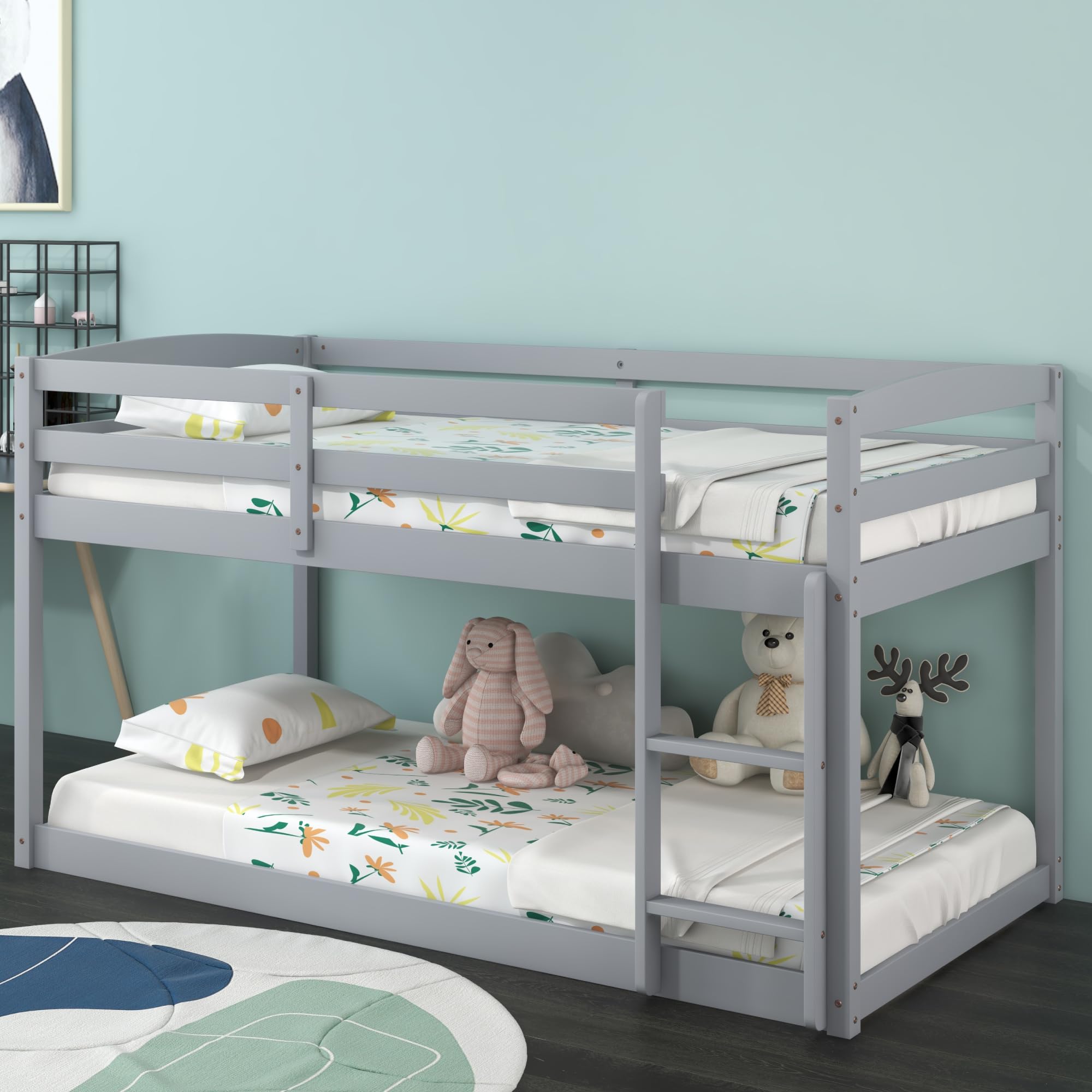 KOMFOTT Low Bunk Bed Twin Over Twin, Solid Wood Bunk Bed Frame with Built-in Ladder & Safety Guardrails, Space-Saving Low Bunk Bed for Kids, Teens, No Box Spring Needed