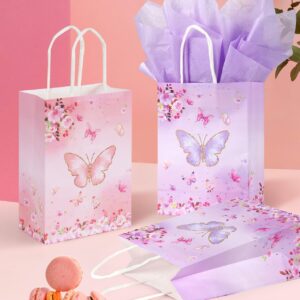 LWBDD 16 Pcs Butterfly Party Favors Gift Bags Goodie Bags, Pink Purple Treat Candy Bags; small size Paper Bags with Handles & Tissue Paper for Girls Butterfly Birthday Party Supplies Baby Shower