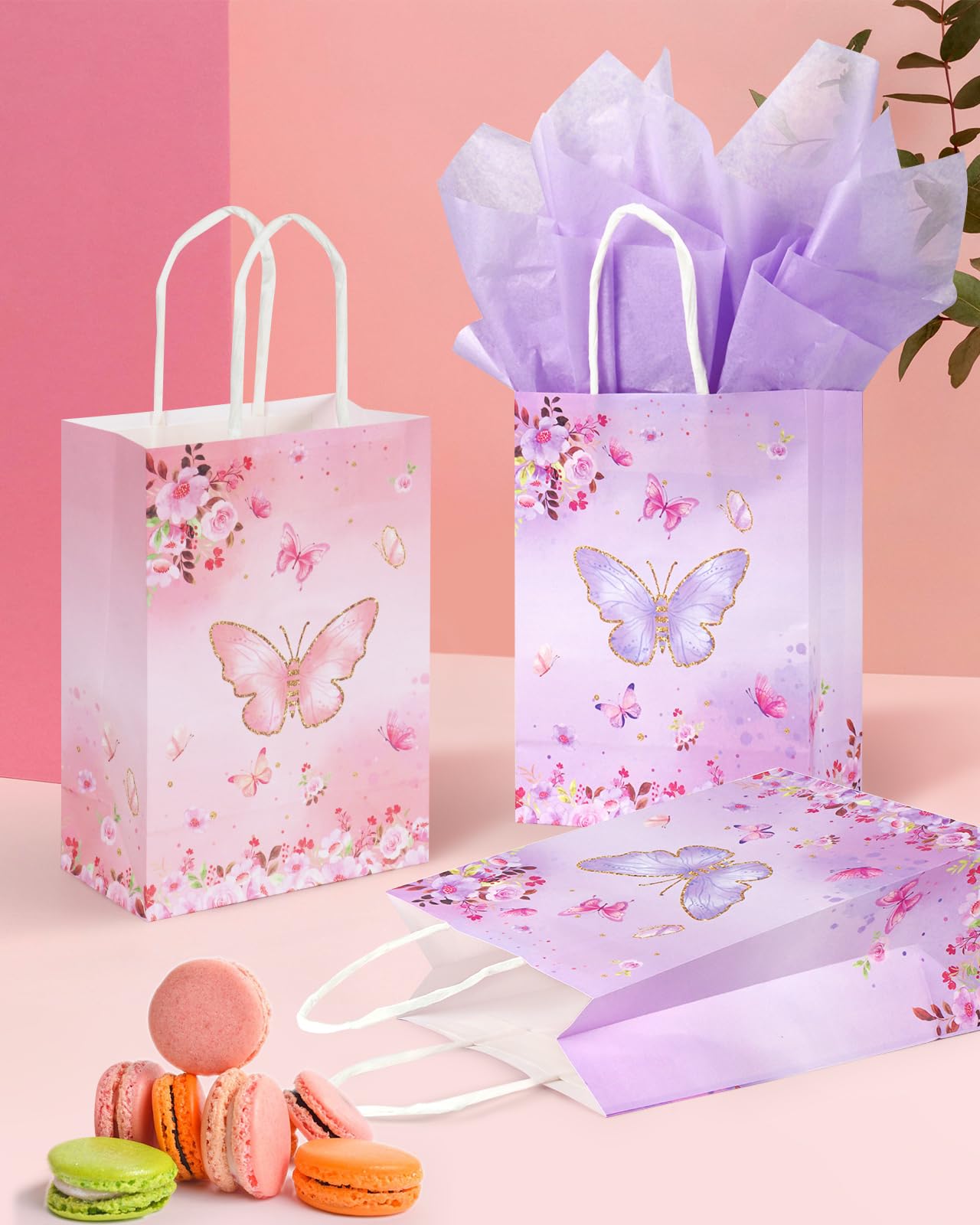 LWBDD 16 Pcs Butterfly Party Favors Gift Bags Goodie Bags, Pink Purple Treat Candy Bags; small size Paper Bags with Handles & Tissue Paper for Girls Butterfly Birthday Party Supplies Baby Shower