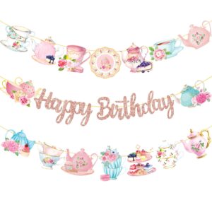 Tea Party Birthday Banner Rose Gold Tea Themed Happy Birthday Banners Floral Tea Birthday Party Decoration Teapot Cutout Banner for Afternoon Tea Baby Shower Supplies