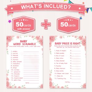 OLOUTAB Baby Shower Games for Girl-2 Games(50 of Each),Baby Shower Word Scramble Game&Price is Right,Double-Sided,Thick Cardboard,Fun,Hilarious,with Answer Keys