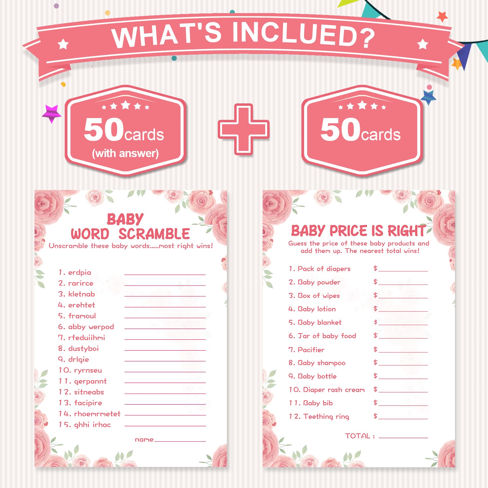 OLOUTAB Baby Shower Games for Girl-2 Games(50 of Each),Baby Shower Word Scramble Game&Price is Right,Double-Sided,Thick Cardboard,Fun,Hilarious,with Answer Keys