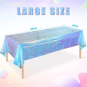 3Pcs Iridescent Plastic Tablecloths Shiny Disposable Laser Rainbow Rectangle Table Covers Holographic Foil Metallic Table Cloth for Iridescent Party Decorations Birthday Bridal Wedding 40"x108"(Blue)