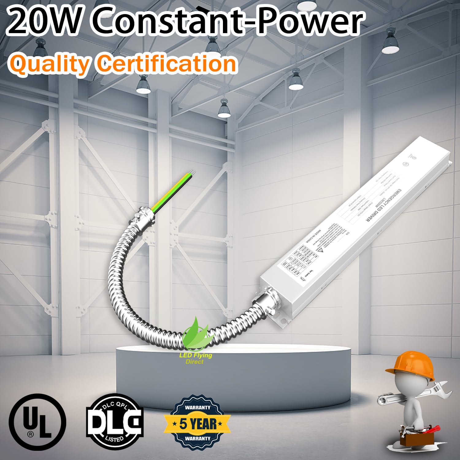 20W LED Emergency Light Driver 100-347V AC,175V DC,Rechargeable Emergency Driver Backup Battery, Over 90 Mins Emergency Time,for LED troffer, Linear Light,UL Listed 5-Year Warranty (1-Pack)