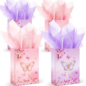 lwbdd 16 pcs butterfly party favors gift bags goodie bags, pink purple treat candy bags; small size paper bags with handles & tissue paper for girls butterfly birthday party supplies baby shower