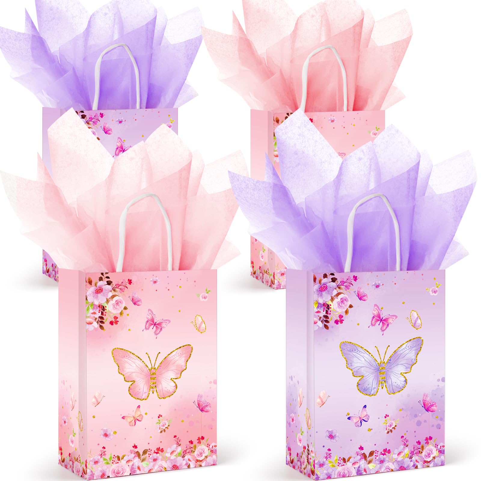 LWBDD 16 Pcs Butterfly Party Favors Gift Bags Goodie Bags, Pink Purple Treat Candy Bags; small size Paper Bags with Handles & Tissue Paper for Girls Butterfly Birthday Party Supplies Baby Shower