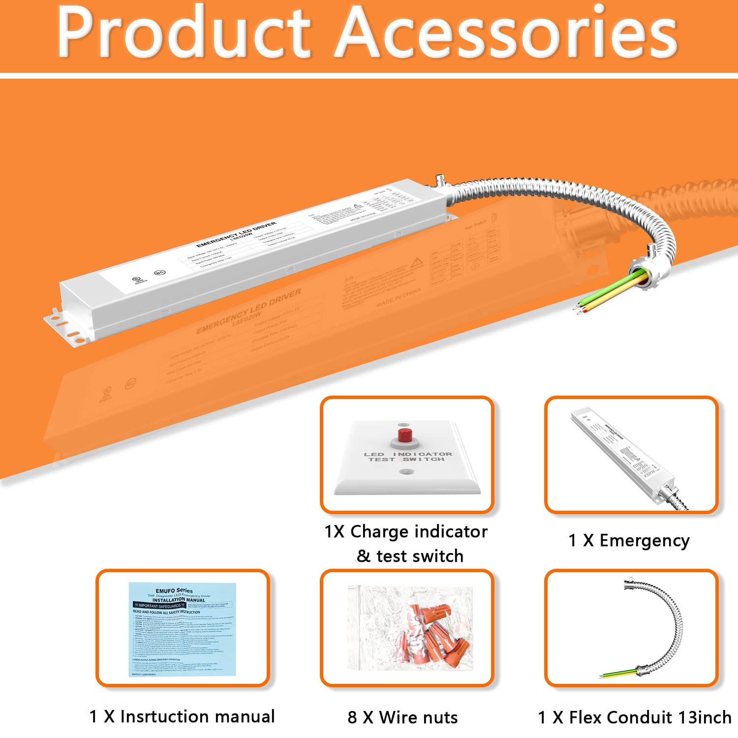 20W LED Emergency Light Driver 100-347V AC,175V DC,Rechargeable Emergency Driver Backup Battery, Over 90 Mins Emergency Time,for LED troffer, Linear Light,UL Listed 5-Year Warranty (1-Pack)