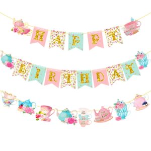 Floral Tea Happy Birthday Party Banner Tea Party Hanging Decorations 3Pcs Tea Cutout Banners Teapot Banners for Afternoon Tea Time Theme Baby Shower Supplies