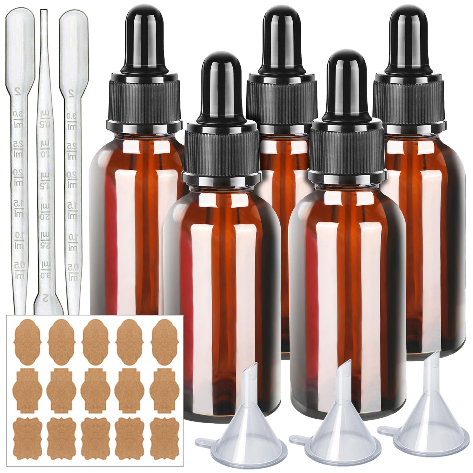 Teenitor Eye Dropper Bottles with Funnels & Plastic Transfer Pipettes & Labels, 30ml Glass Tincture Bottles, Glass Dropper Bottles, Amber Dropper Bottles For Essential Oil