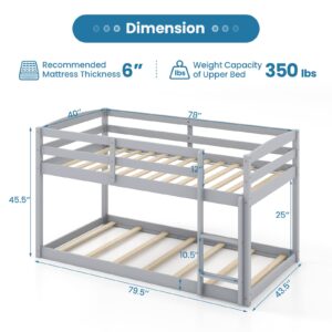 KOMFOTT Low Bunk Bed Twin Over Twin, Solid Wood Bunk Bed Frame with Built-in Ladder & Safety Guardrails, Space-Saving Low Bunk Bed for Kids, Teens, No Box Spring Needed