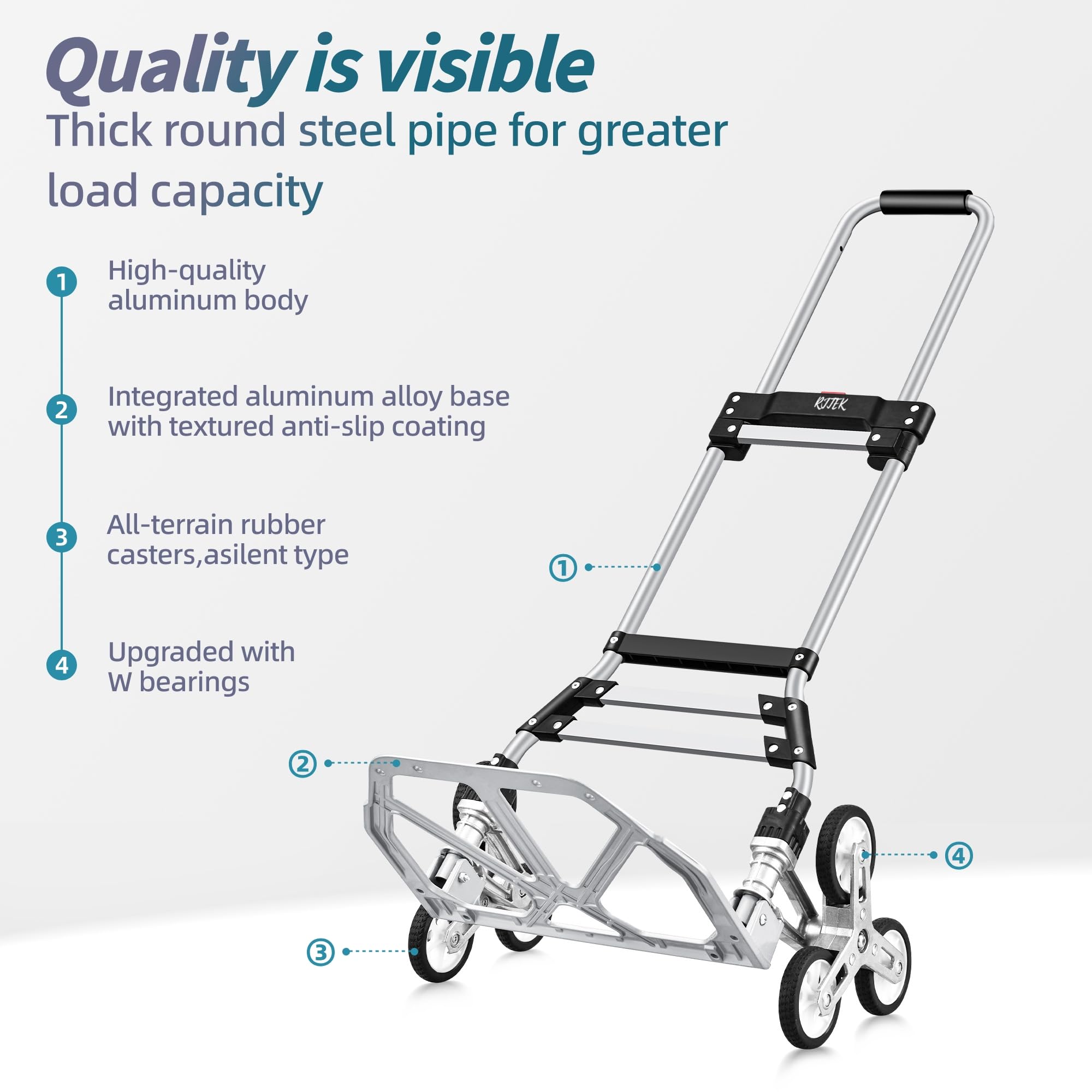 RJTEK 【Upgraded Version】 Stair Climber Hand Truck and Dolly, 220 Lb Capacity Stair Climbing cart Heavy-Duty Trolley Cart Heavy-Duty Luggage cart Stair Dolly Lightweight with Telescoping Handle