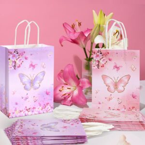 LWBDD 16 Pcs Butterfly Party Favors Gift Bags Goodie Bags, Pink Purple Treat Candy Bags; small size Paper Bags with Handles & Tissue Paper for Girls Butterfly Birthday Party Supplies Baby Shower