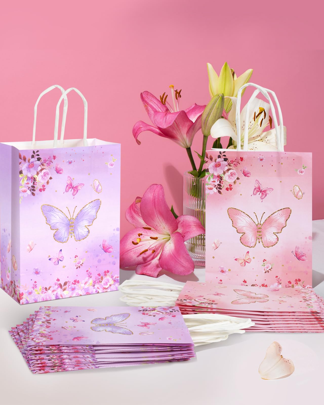 LWBDD 16 Pcs Butterfly Party Favors Gift Bags Goodie Bags, Pink Purple Treat Candy Bags; small size Paper Bags with Handles & Tissue Paper for Girls Butterfly Birthday Party Supplies Baby Shower