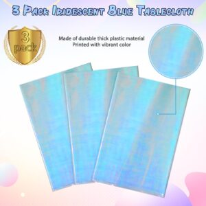 3Pcs Iridescent Plastic Tablecloths Shiny Disposable Laser Rainbow Rectangle Table Covers Holographic Foil Metallic Table Cloth for Iridescent Party Decorations Birthday Bridal Wedding 40"x108"(Blue)