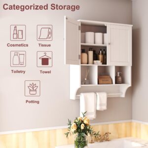 HOMEFORT Bathroom Wall Cabinet Medicine Cabinets Over The Toilet Storage Cabinet with Towels Bar 2 Door Adjustable Shelves Large Space for Bathroom Wall Mounted White