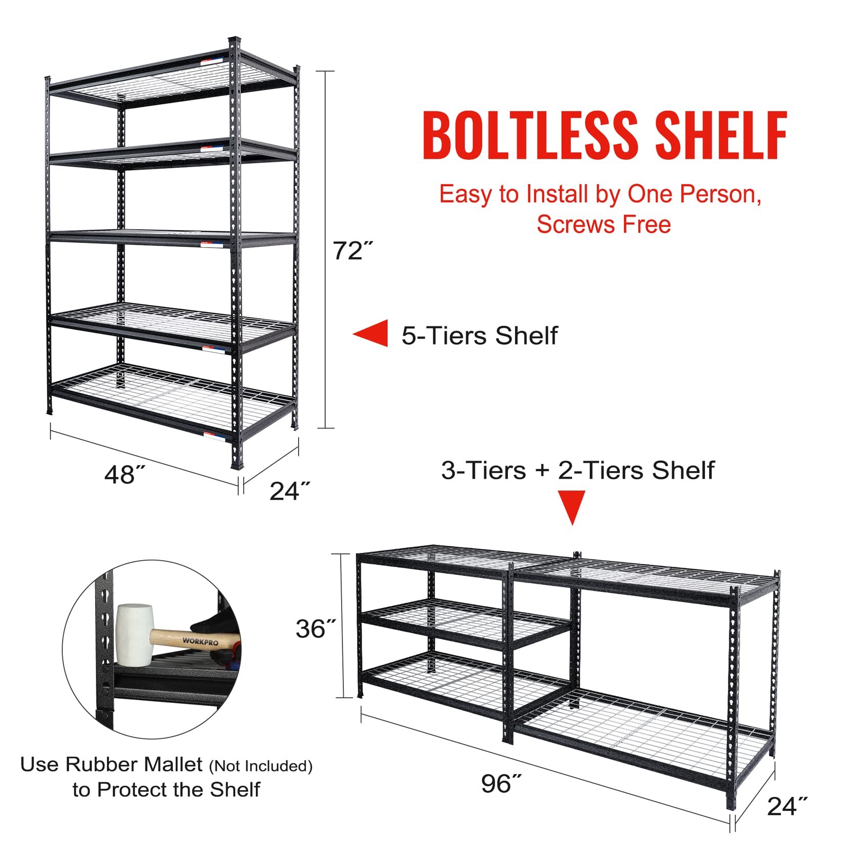 WORKPRO 5-Tier Metal Storage Shelving Unit, 48”W x 24”D x 72”H, Adjustable Storage Rack Heavy Duty Shelf, 4000 lbs Load Capacity (Total), for Garage, Kitchen, Bathroom, Warehouse, Black/Sliver, 2 Pack