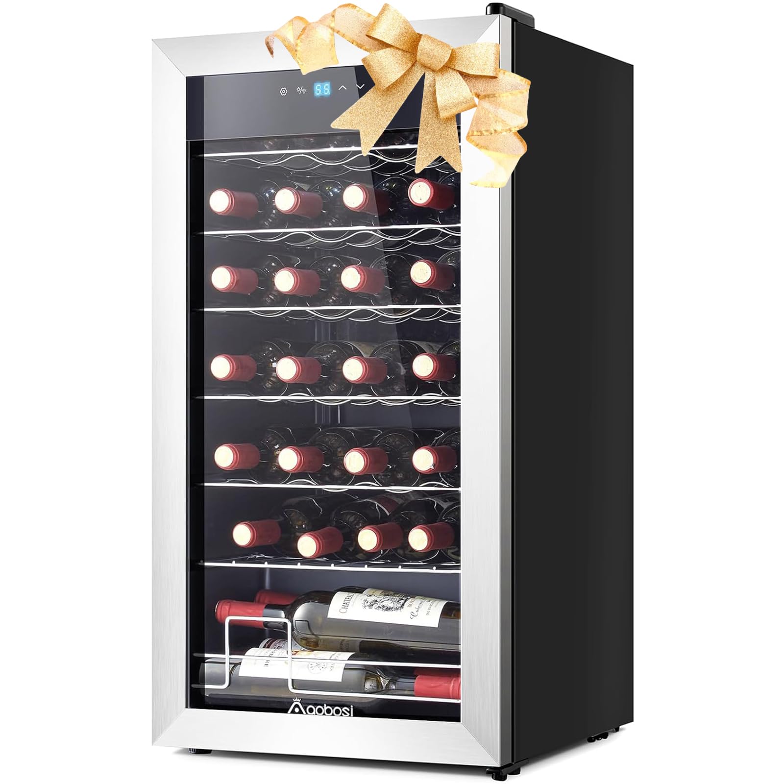 AAOBOSI Wine Fridge, 28 Bottle Wine Cooler 46-66℉ Beverage Wine Refrigerator, Glass Door Free Standing Mini Wine Cellar Aging Red,White, Champagne, Sparkling Wine for Bar, Home, Condo with Adjust Temp